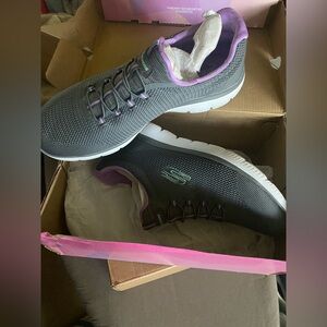 Skechers Gray Knit Slip-On Sneakers with Purple Trim